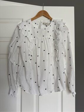 LOFT White Long-Sleeve Ruffle Blouse with Black Heart Print